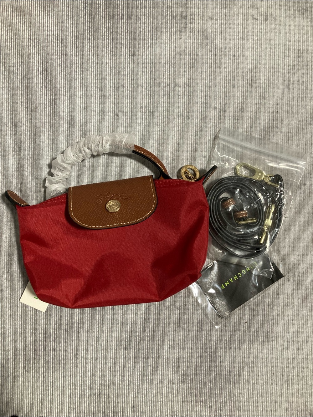 Longchamp Small Red Nylon Mini Top-Handle Bag with Brown Trim